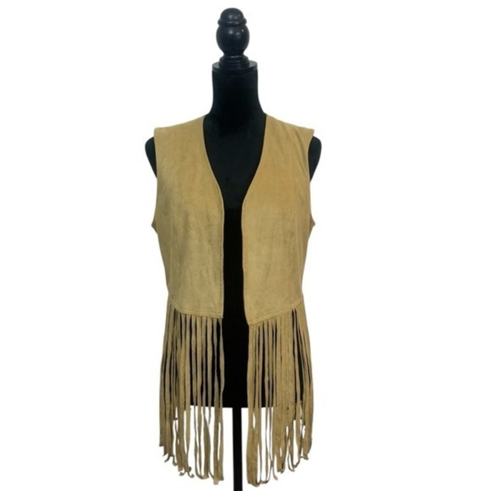 VS2 by Vakko Women's L Beige Boho Faux Suede Fringe Coachella Festival Vest